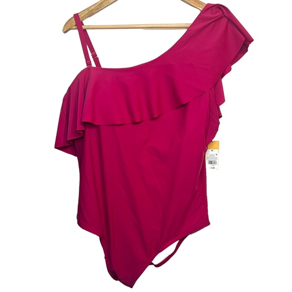 NWT Kona Sol Full Coverage One-Piece Swimsuit One‎ Shoulder Ruffle Pink - Picture 1 of 10